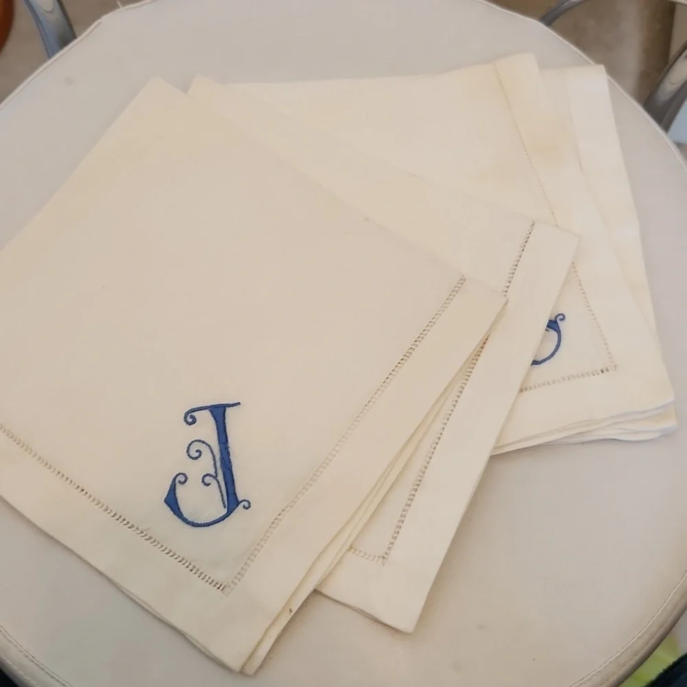 4 Vintage J Embroidered Linen Napkins
